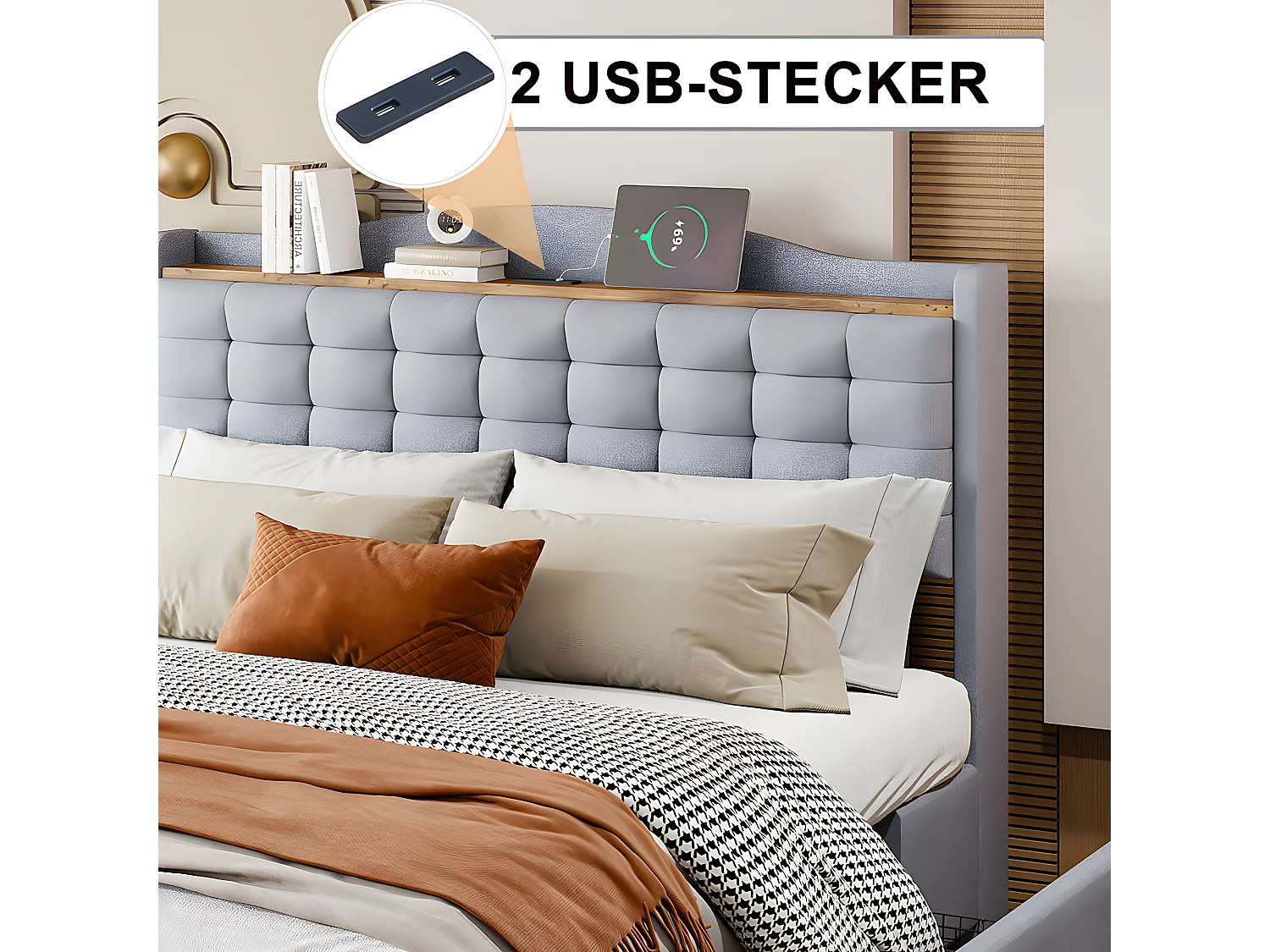 Lit capitonné 140*200 cm, table de nuit avec prise de charge USB et tablette, lit double plat avec 4 tiroirs, tissu lin gris