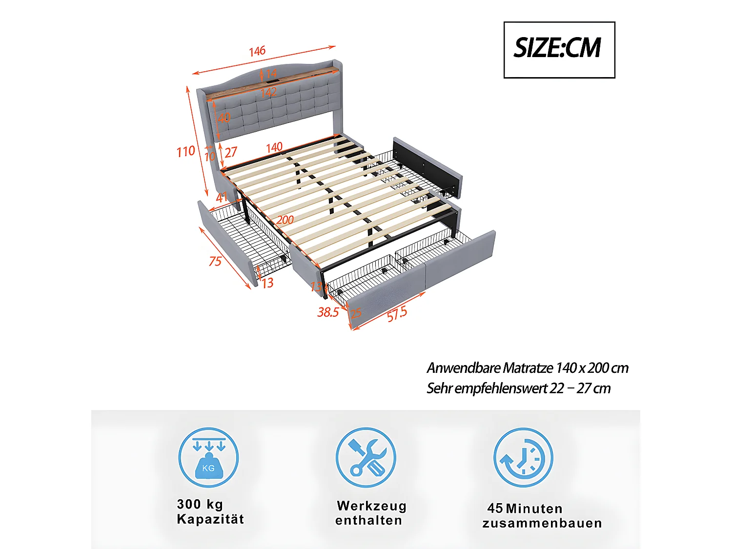 Lit capitonné 140*200 cm, table de nuit avec prise de charge USB et tablette, lit double plat avec 4 tiroirs, tissu lin gris