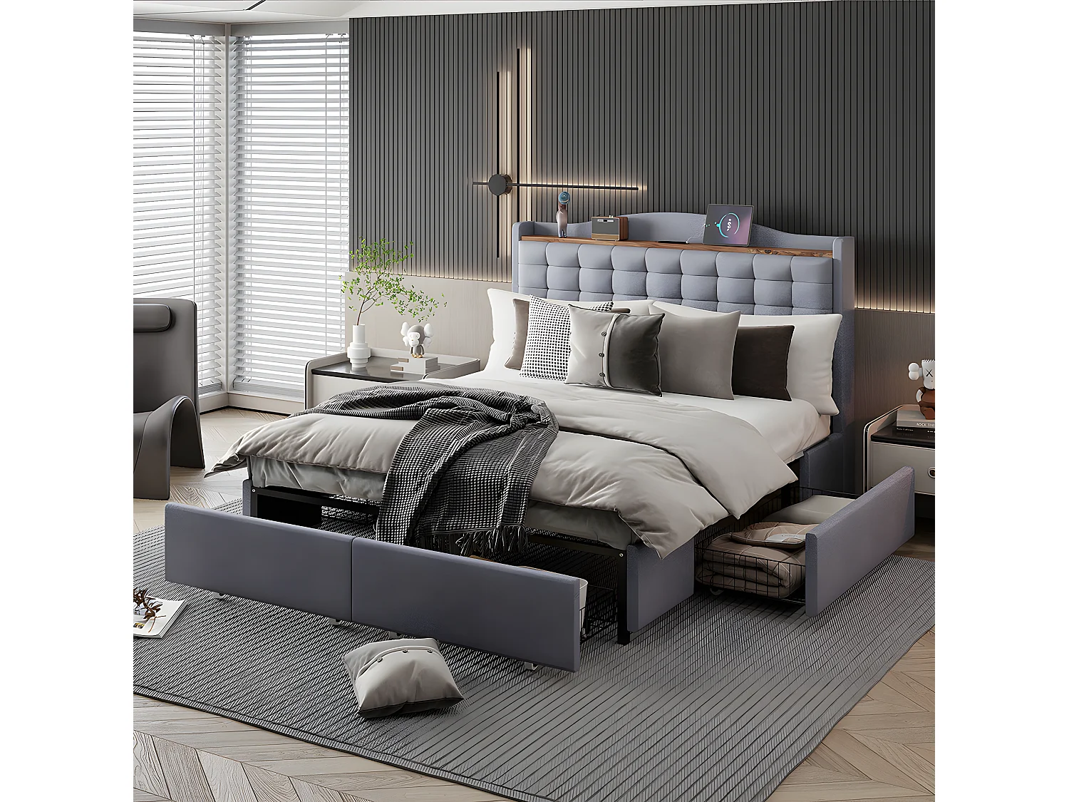 Lit capitonné 140*200 cm, table de nuit avec prise de charge USB et tablette, lit double plat avec 4 tiroirs, tissu lin gris