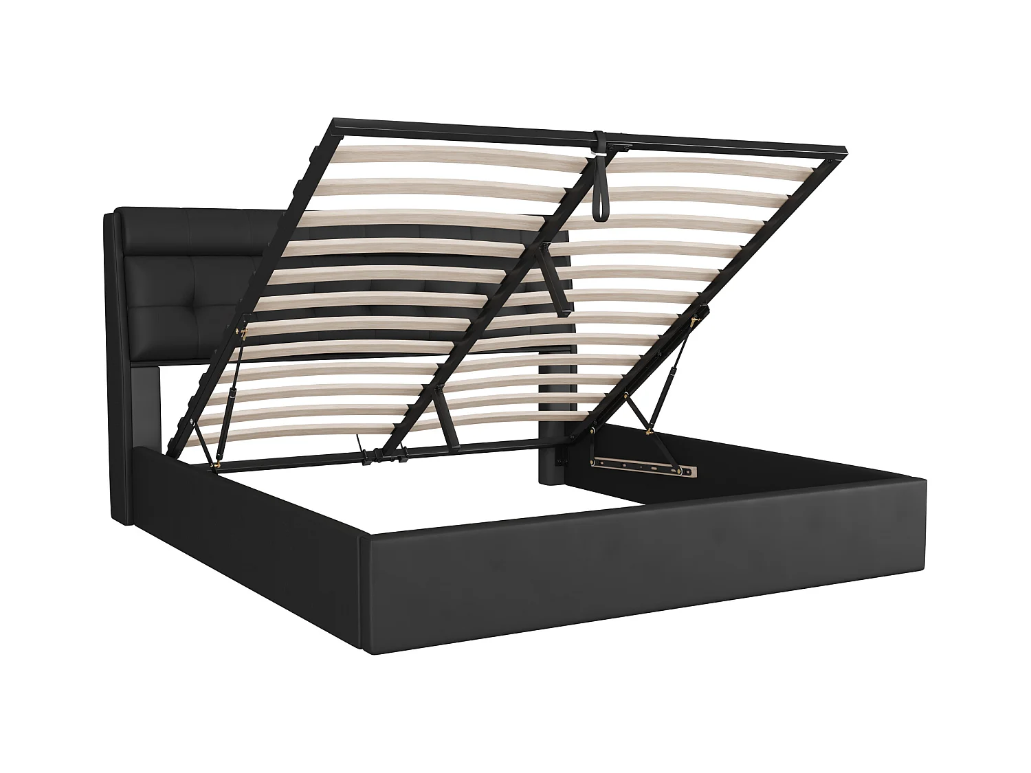 Lit rembourré noir 160 * 200, support de tête de lit caché, support de boîte de lit, pu, avec cadre à lattes et tête de lit, sans matelas