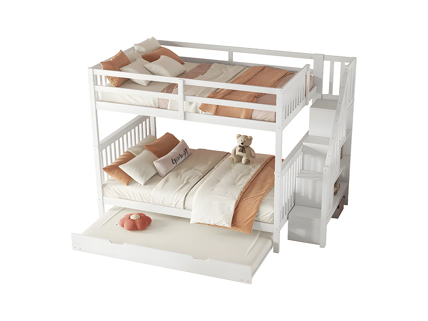 lit superposé 140X200cm, étagère d'escalier, équipé d'un lit à roulettes extensible, garde-corps haut, certifié EN747-1, blanc