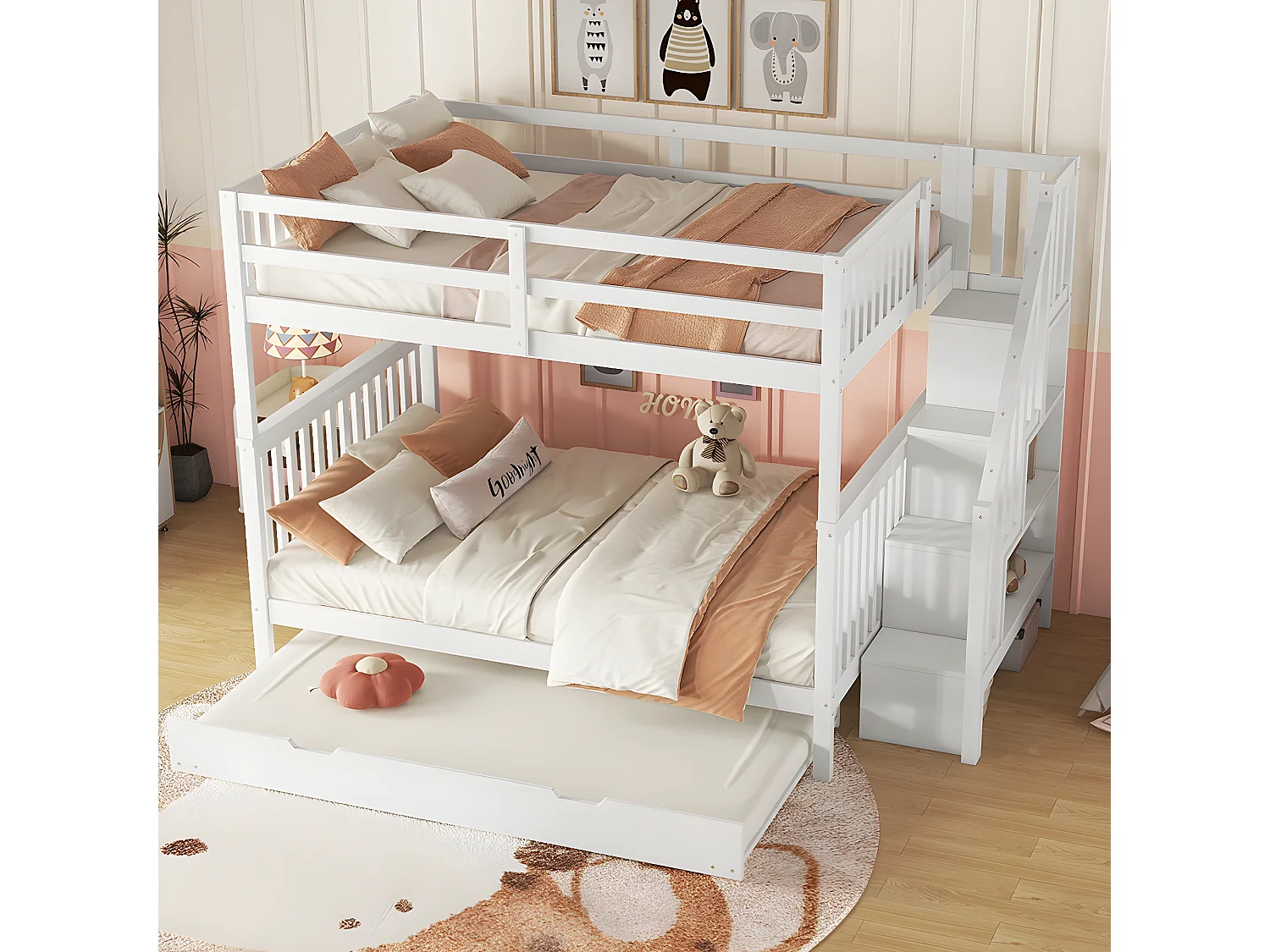 lit superposé 140X200cm, étagère d'escalier, équipé d'un lit à roulettes extensible, garde-corps haut, certifié EN747-1, blanc