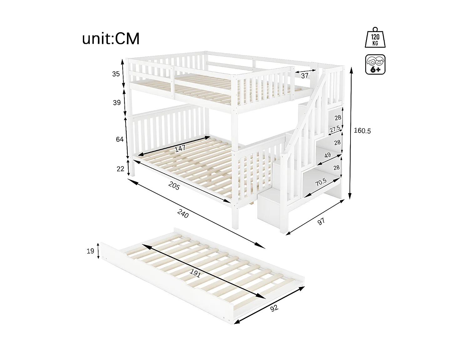 lit superposé 140X200cm, étagère d'escalier, équipé d'un lit à roulettes extensible, garde-corps haut, certifié EN747-1, blanc