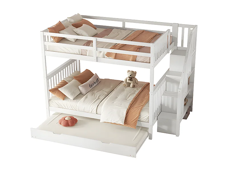 lit superposé 140X200cm, étagère d'escalier, équipé d'un lit à roulettes extensible, garde-corps haut, certifié EN747-1, blanc