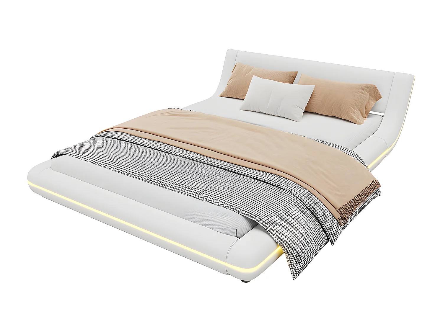 Lit plat 140X200cm, lit de sol, PU, lumière d'ambiance LED, télécommande 24 touches, blanc