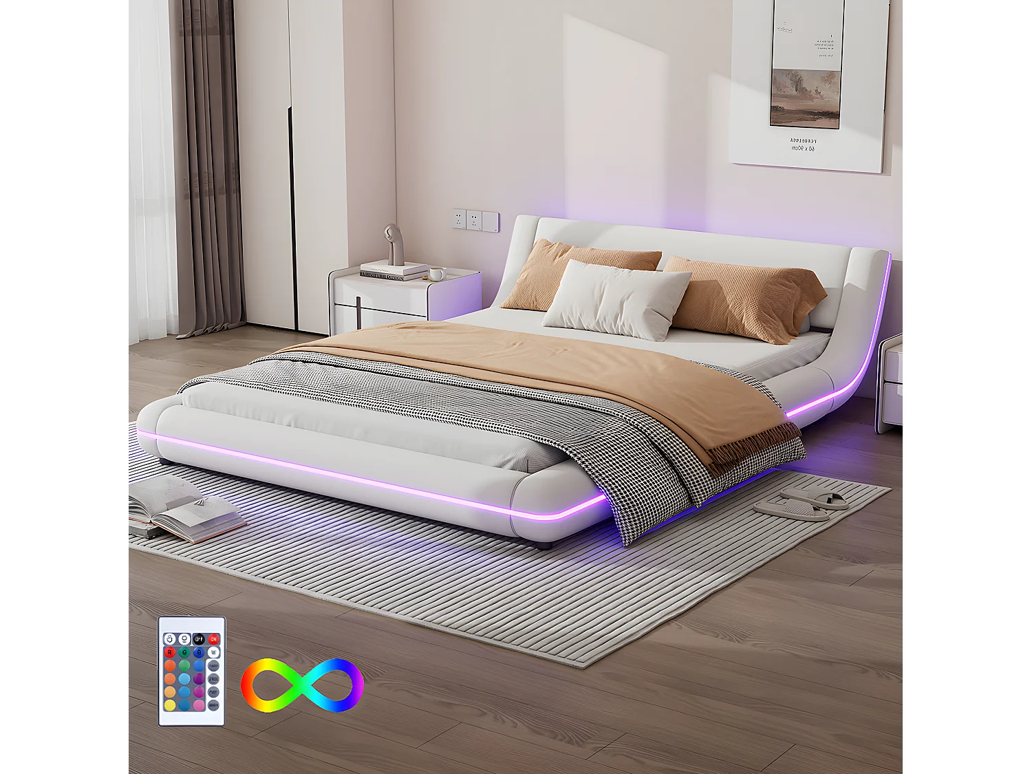 Lit plat 140X200cm, lit de sol, PU, lumière d'ambiance LED, télécommande 24 touches, blanc