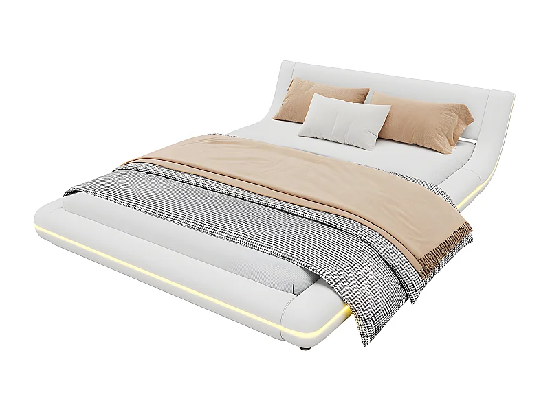 Lit plat 140X200cm, lit de sol, PU, lumière d'ambiance LED, télécommande 24 touches, blanc