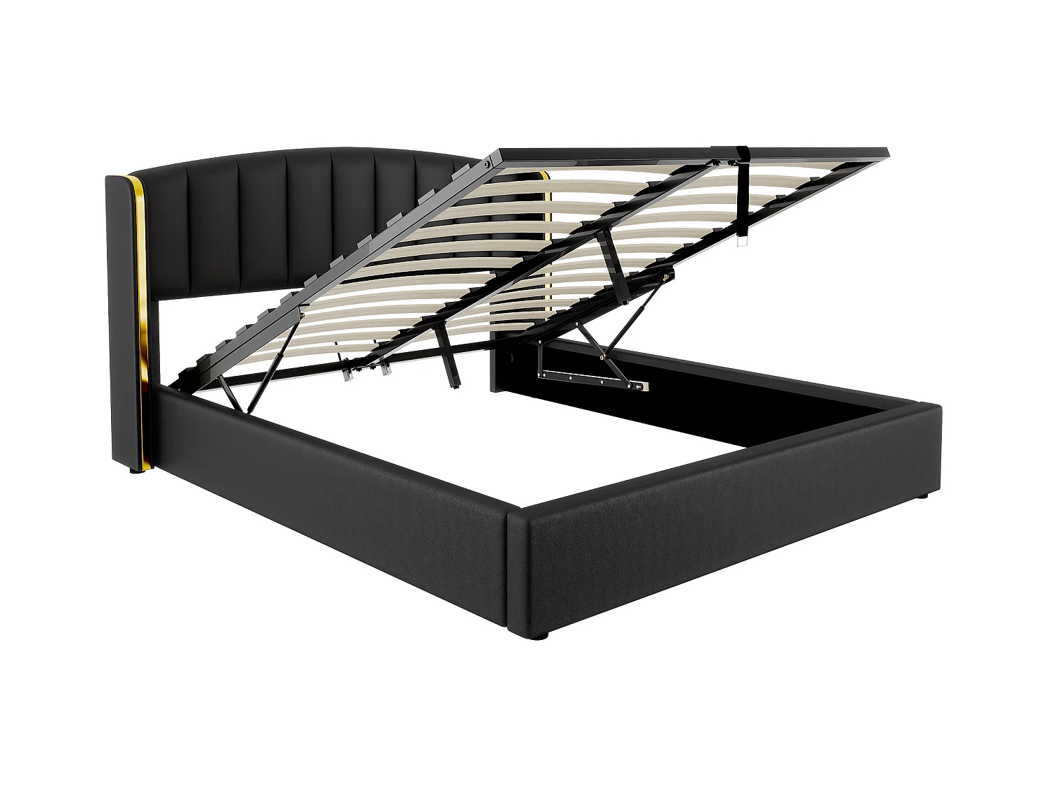 Lit rembourré Noir 180 * 200, boîte de rangement, pu, avec cadre à lattes et tête de lit, sans matelas