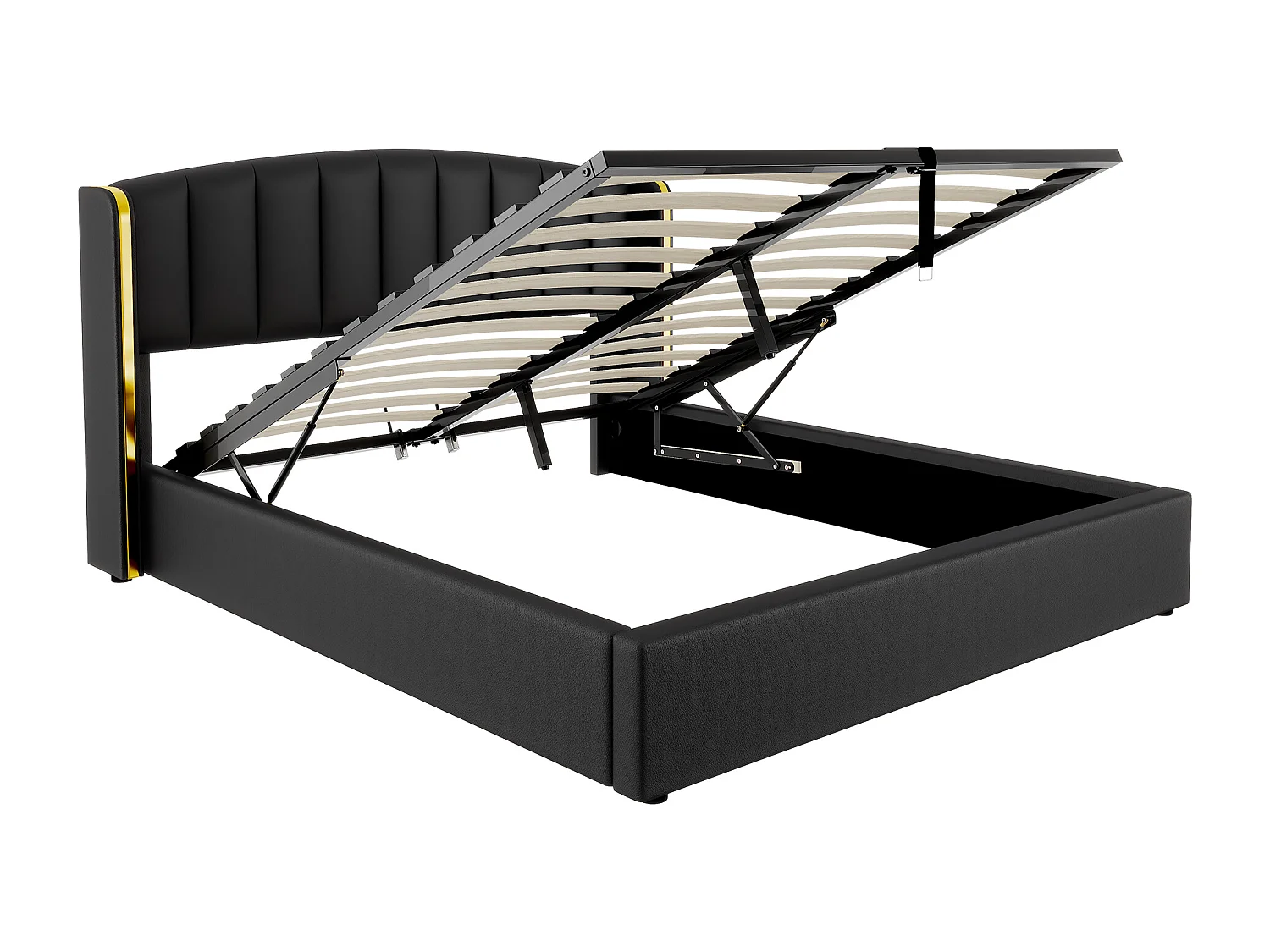 Lit rembourré Noir 180 * 200, boîte de rangement, pu, avec cadre à lattes et tête de lit, sans matelas