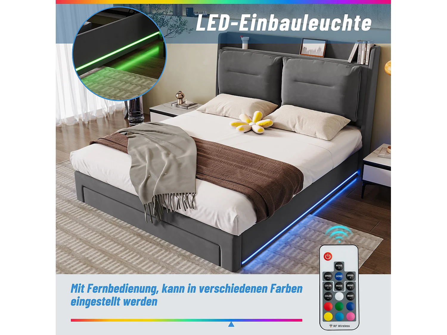Lit rembourré gris foncé 160 * 200, velours, tiroir de rangement 2 en 1 à la queue du lit avec ruban lumineux LED encastré, sans matelas