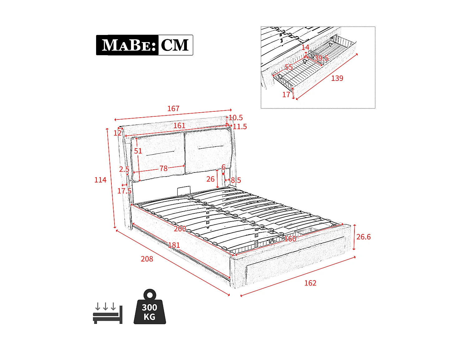 Lit rembourré gris foncé 160 * 200, velours, tiroir de rangement 2 en 1 à la queue du lit avec ruban lumineux LED encastré, sans matelas
