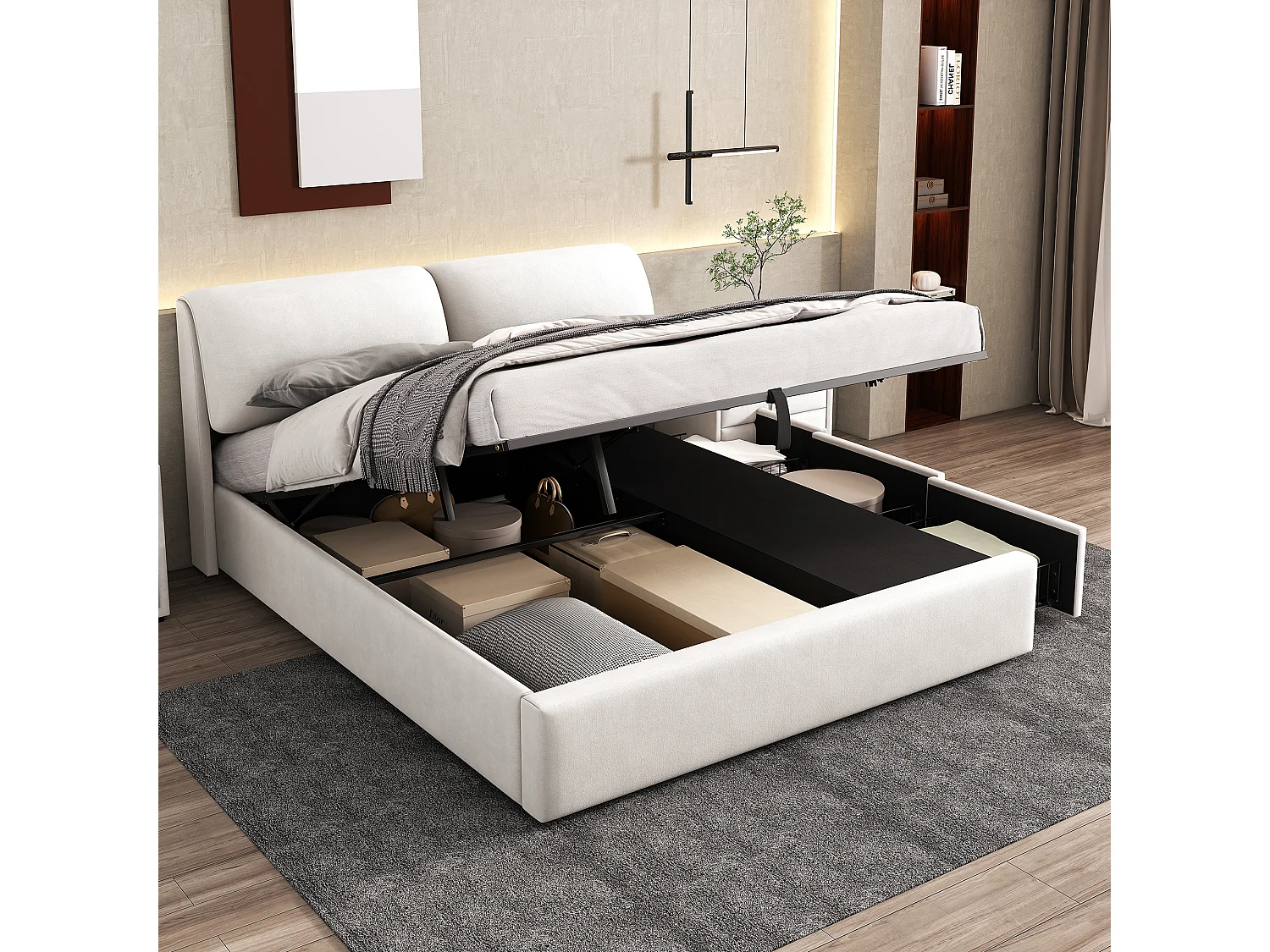 Letto per adulti 180*200, tre cassetti, con contenitore e testata, senza materasso, velluto, colore beige