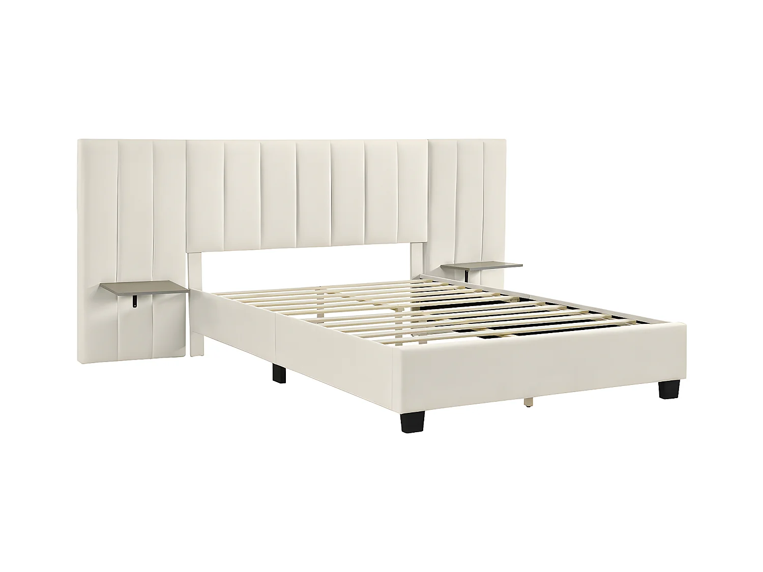 Lit rembourré 160 x 200 cm, lit double avec tête de lit allongée et dossier, avec sommier à lattes, tissu velours beige