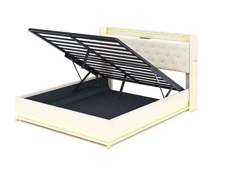 Lit LED Lit rembourré 160X200 cm avec port de recharge USB et support hydraulique, tissu en lin doux pour la peau Beige