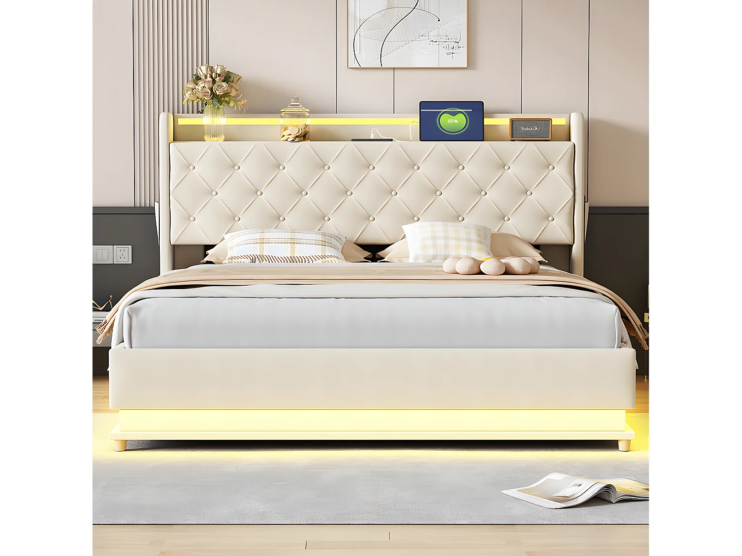 Lit LED Lit rembourré 160X200 cm avec port de recharge USB et support hydraulique, tissu en lin doux pour la peau Beige
