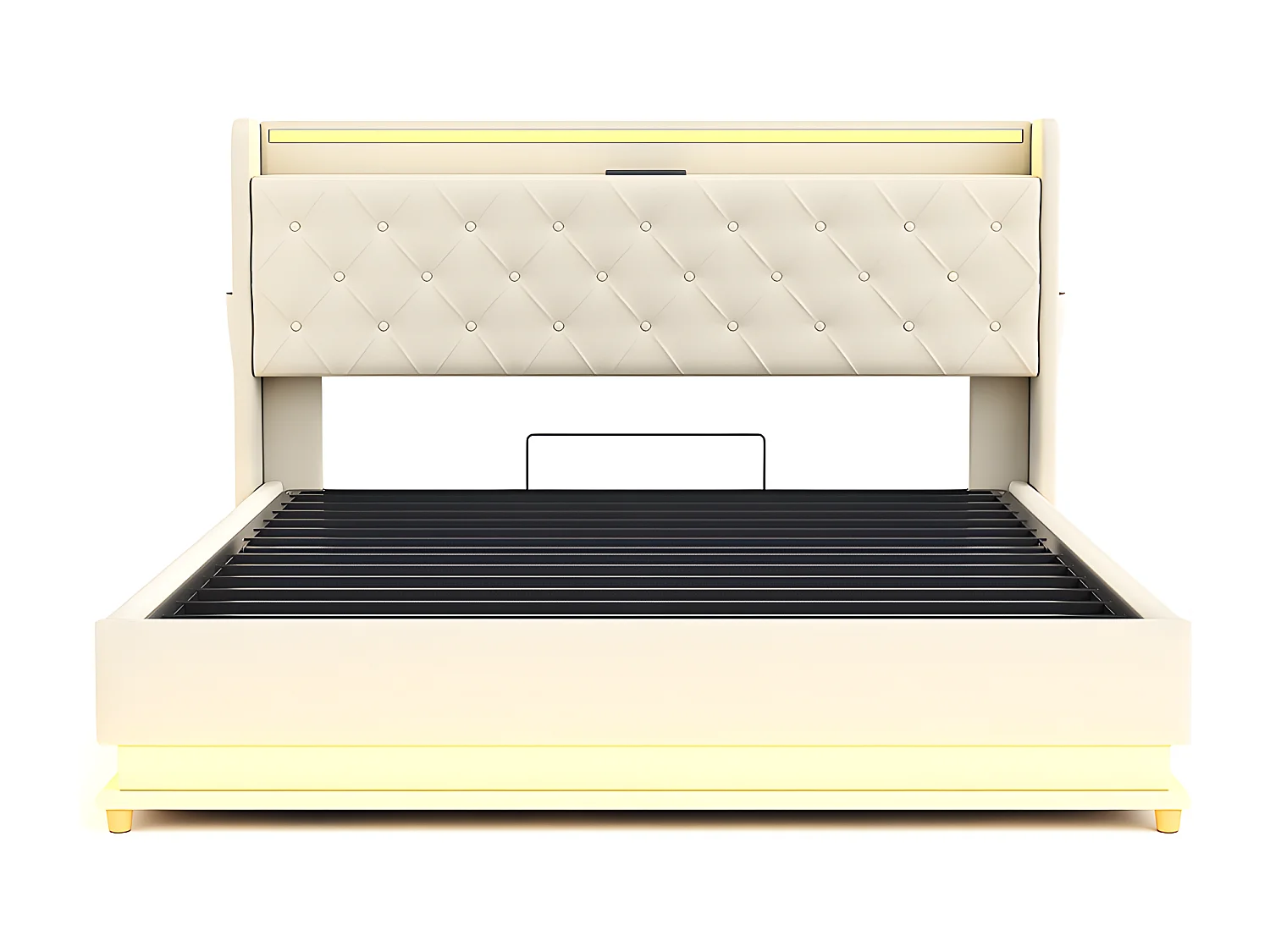 Lit LED Lit rembourré 160X200 cm avec port de recharge USB et support hydraulique, tissu en lin doux pour la peau Beige