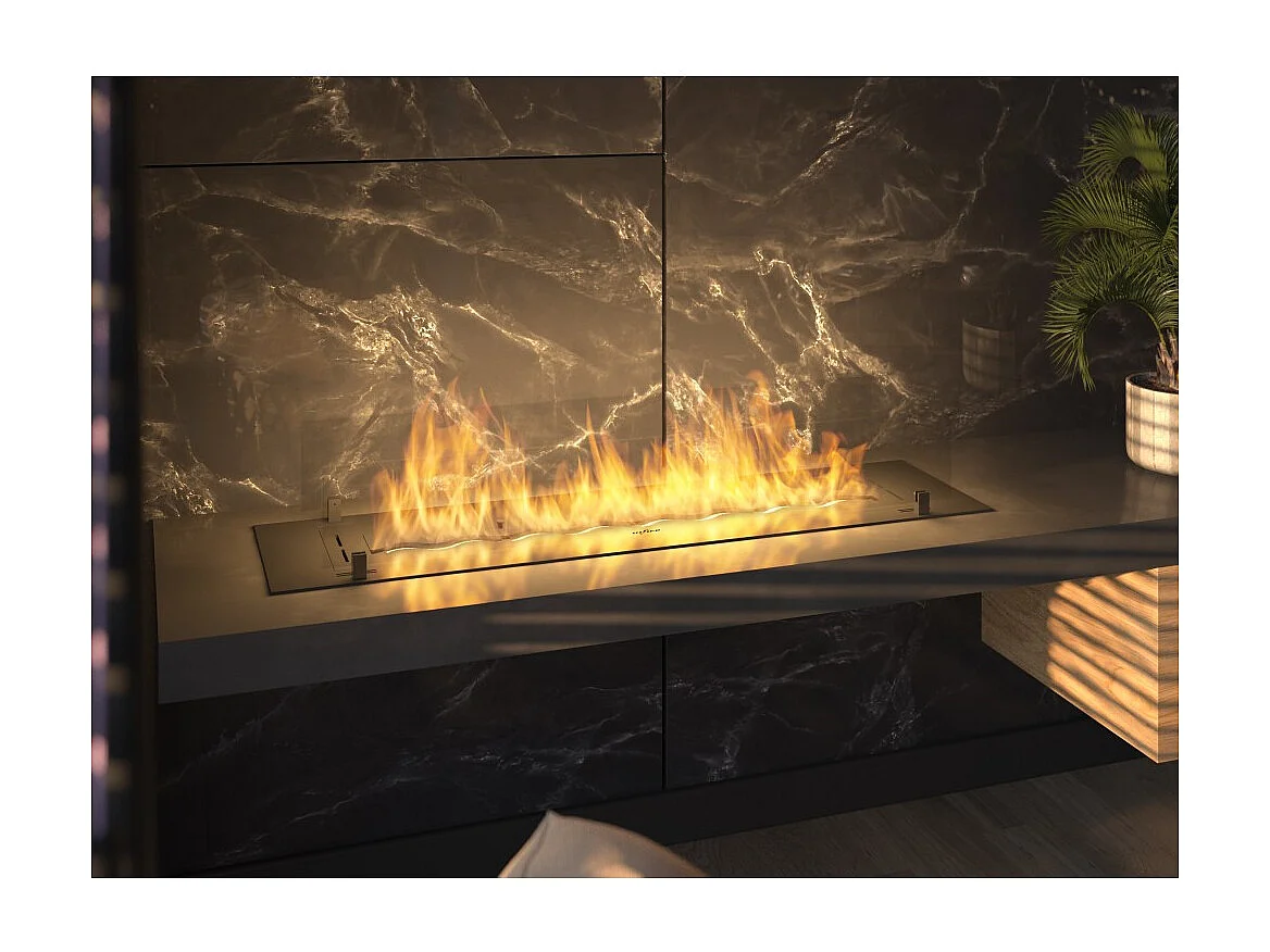 Brûleur insert bioéthanol 120cm en inox noir, à encastrer ou à poser, 4 litres avec verres inclus