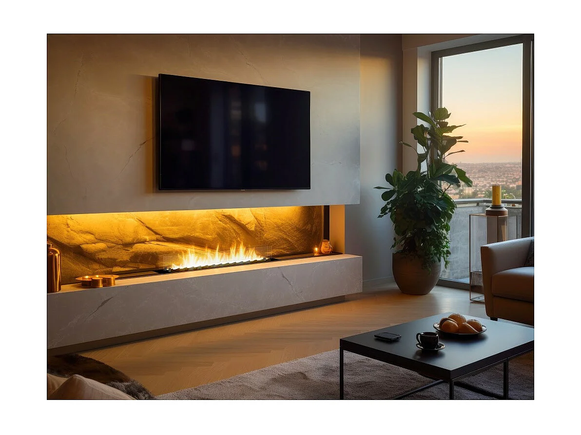 Brûleur insert bioéthanol 120cm en inox noir, à encastrer ou à poser, 4 litres avec verres inclus