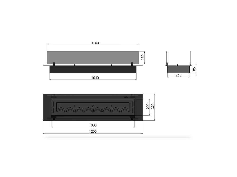 Brûleur insert bioéthanol 120cm en inox noir, à encastrer ou à poser, 4 litres avec verres inclus