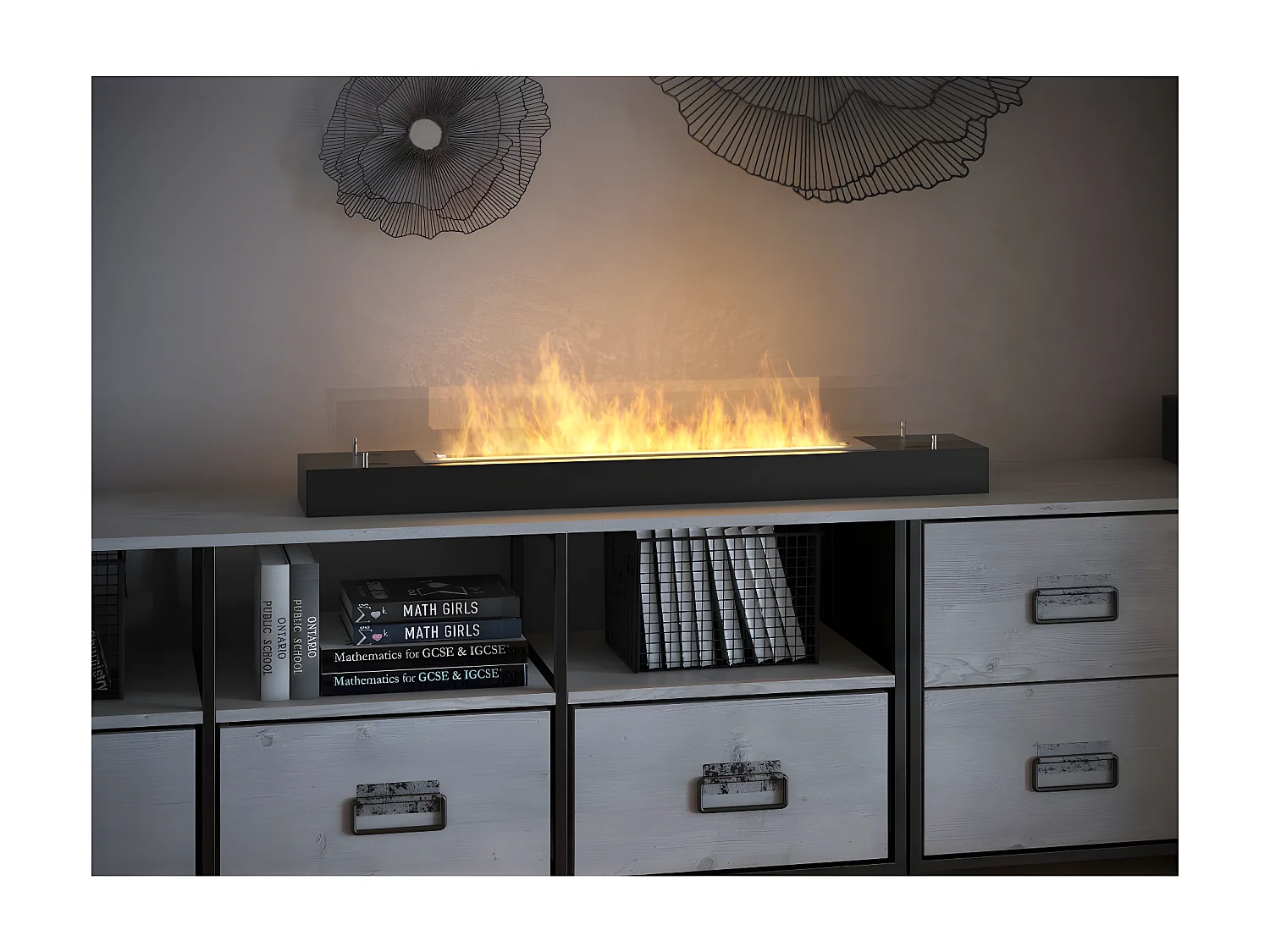 Brûleur au bioéthanol avec insert de plan de travail en inox noir mat 120cm avec verre