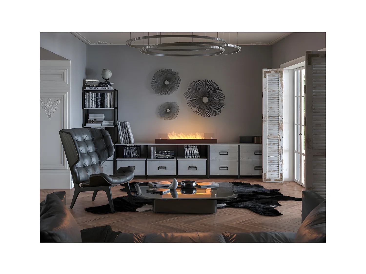 Brûleur au bioéthanol avec insert de plan de travail en inox noir mat 120cm avec verre