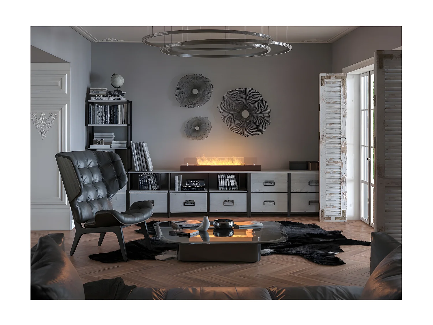 Brûleur au bioéthanol avec insert de plan de travail en inox noir mat 120cm avec verre