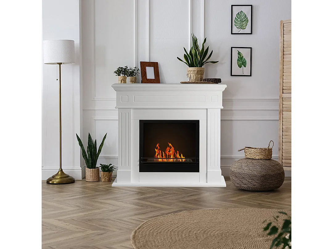 Cheminée au bioéthanol Cambridge au sol en bois blanc 110x37x102h