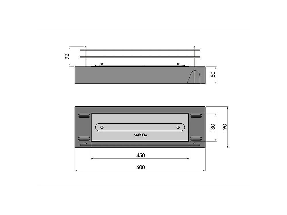 Bioethanolbrenner mit mattschwarzem Edelstahl-Arbeitsplatteneinsatz 60 cm mit Rost