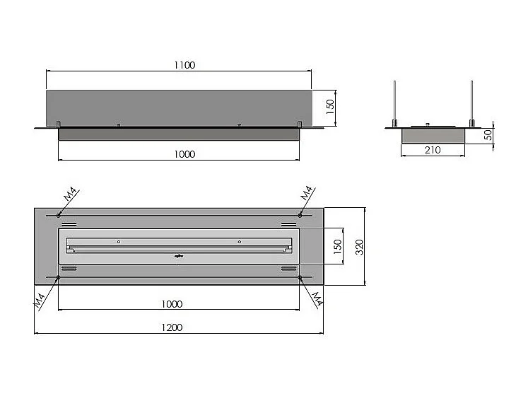Wkład/podpora palnika na bioetanol 120 cm ze stali nierdzewnej ze szkłem w zestawie
