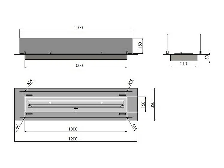 Wkład/podpora palnika na bioetanol 120 cm ze stali nierdzewnej ze szkłem w zestawie