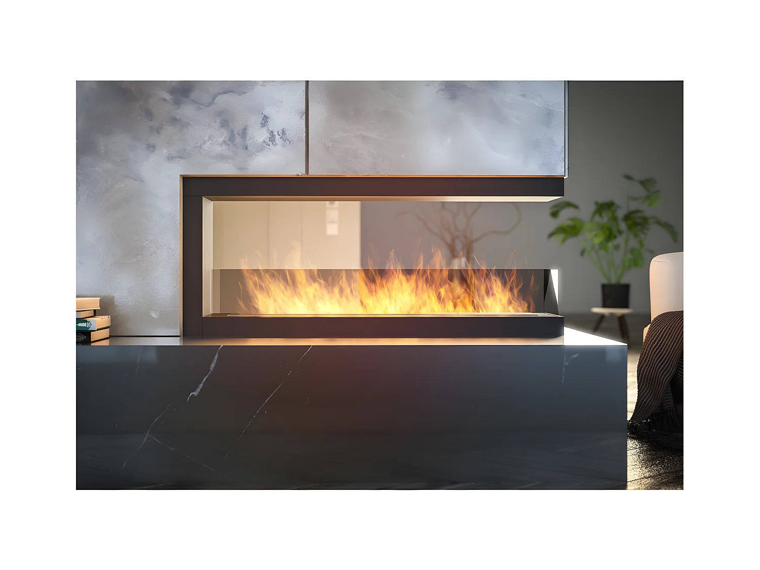 Cheminée au bioéthanol encastrable design U1200 avec vitre ouverte sur 3 côtés brûleur 3 litres