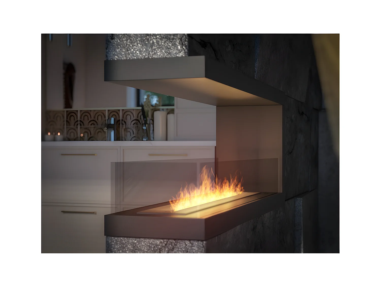 Cheminée au bioéthanol encastrable design U1200 avec vitre ouverte sur 3 côtés brûleur 3 litres