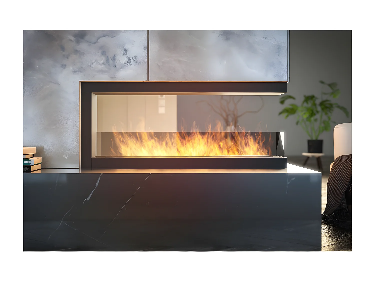 Cheminée au bioéthanol encastrable design U1200 avec vitre ouverte sur 3 côtés brûleur 3 litres