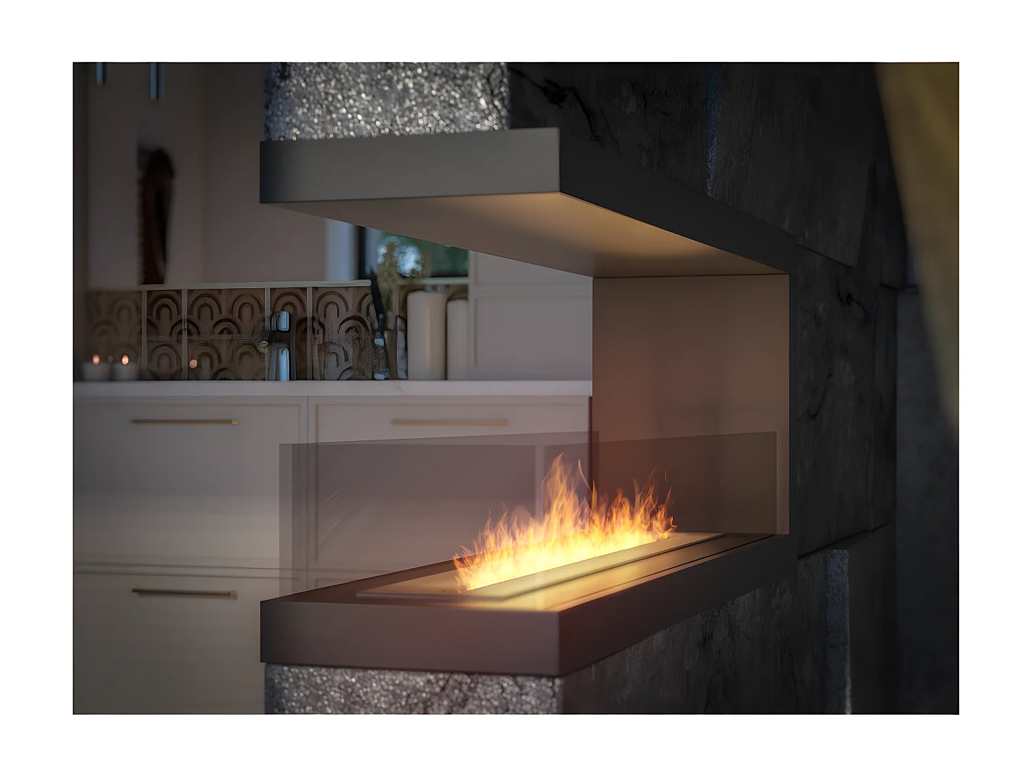 Cheminée au bioéthanol encastrable design U1200 avec vitre ouverte sur 3 côtés brûleur 3 litres