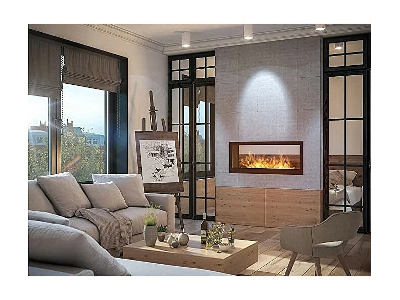 Design-Einbau-Bioethanol-Wandkamin Doppelseitig mattschwarz mit Schutzglas 2 Side 1200