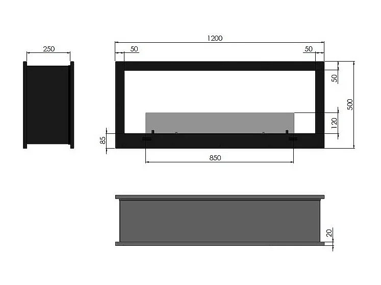 Design-Einbau-Bioethanol-Wandkamin Doppelseitig mattschwarz mit Schutzglas 2 Side 1200