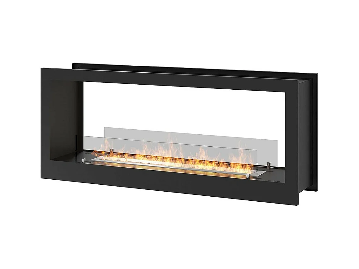 Cheminée Bioéthanol murale design encastrable Double face noir mat avec verre de protection 2 Face 1200