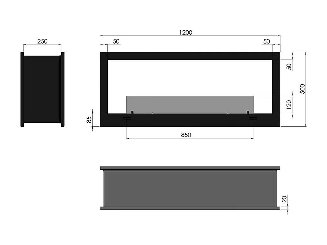 Design-Einbau-Bioethanol-Wandkamin Doppelseitig mattschwarz mit Schutzglas 2 Side 1200