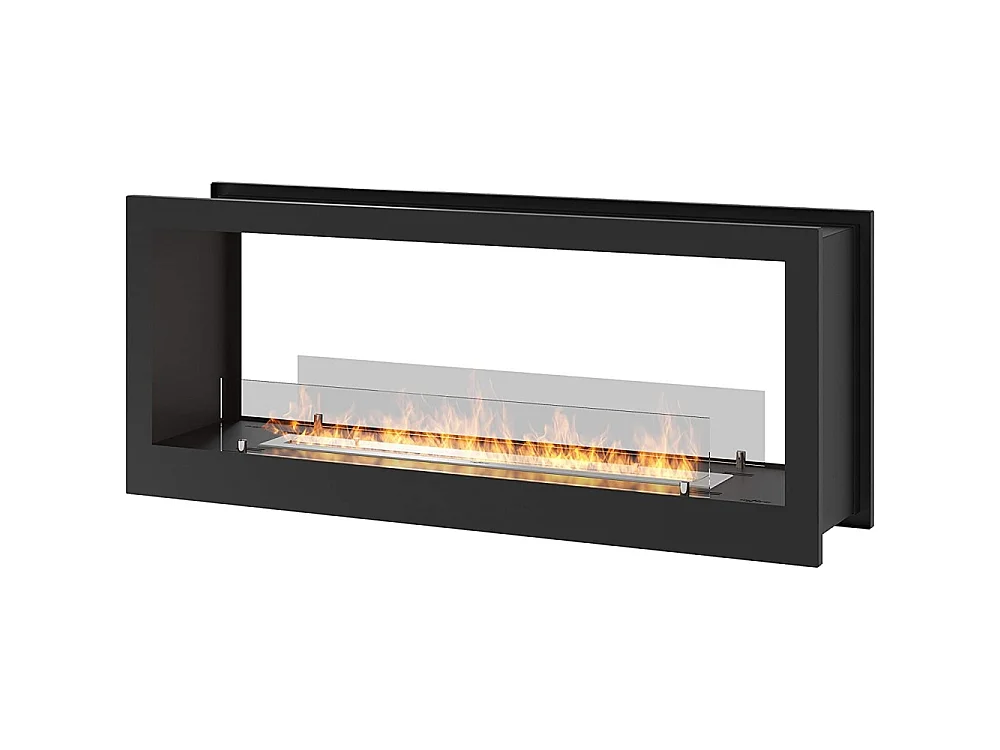 2-stronny, designerski kominek ścienny na bioetanol, 1200 mm, dwustronny, matowo czarny, ze szkłem ochronnym