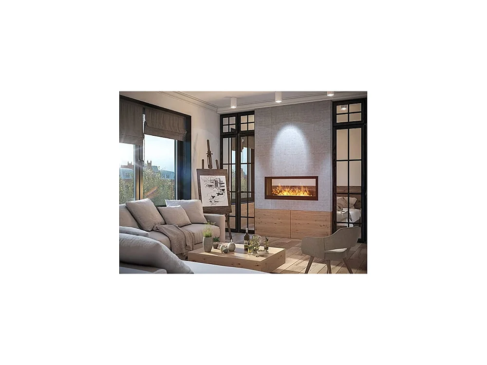 2-stronny, designerski kominek ścienny na bioetanol, 1200 mm, dwustronny, matowo czarny, ze szkłem ochronnym