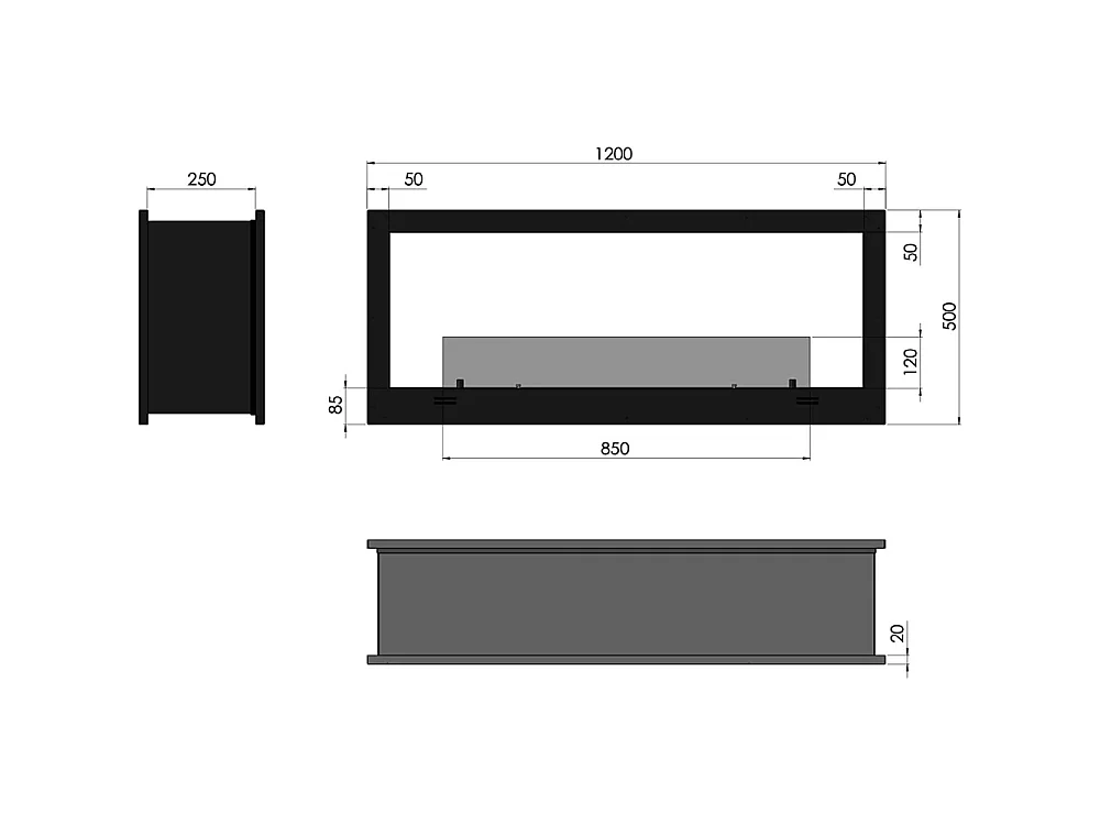 2-stronny, designerski kominek ścienny na bioetanol, 1200 mm, dwustronny, matowo czarny, ze szkłem ochronnym