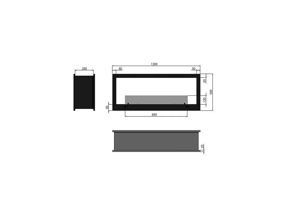 2-stronny, designerski kominek ścienny na bioetanol, 1200 mm, dwustronny, matowo czarny, ze szkłem ochronnym