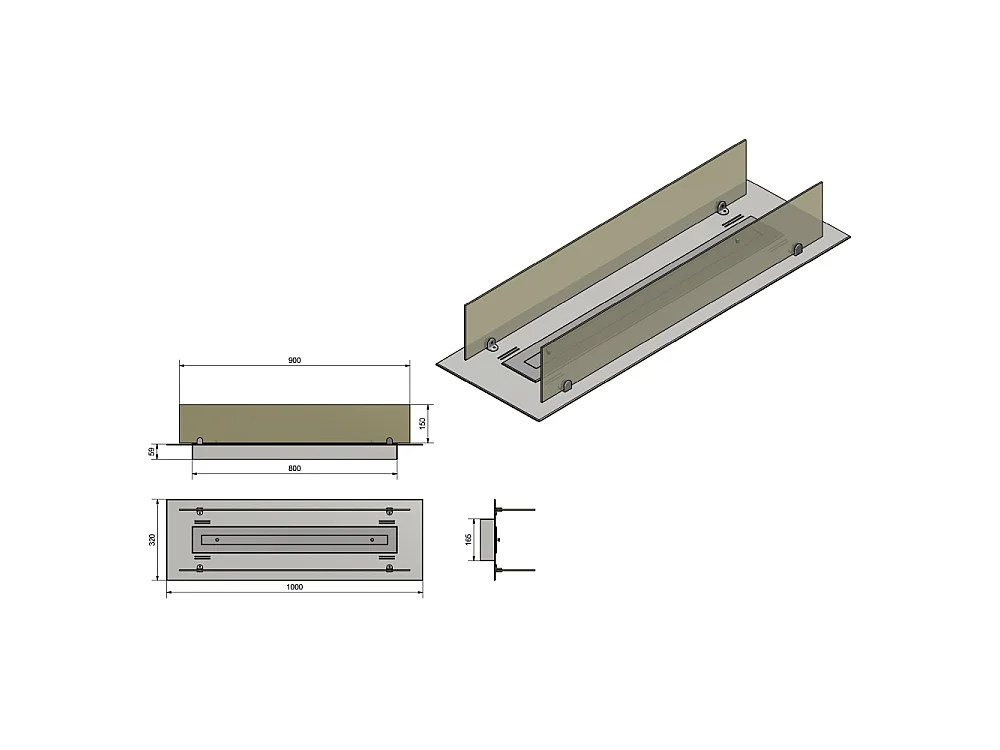 Insert/support brûleur bioéthanol 100cm en inox avec verre inclus