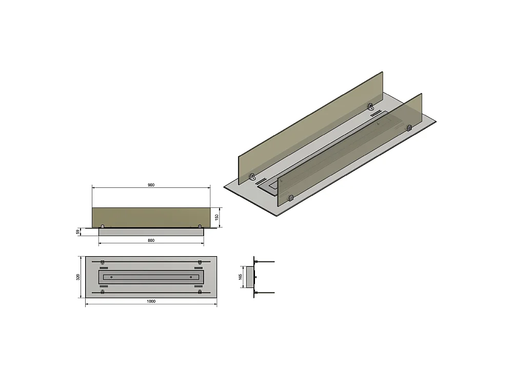 Insert/support brûleur bioéthanol 100cm en inox avec verre inclus