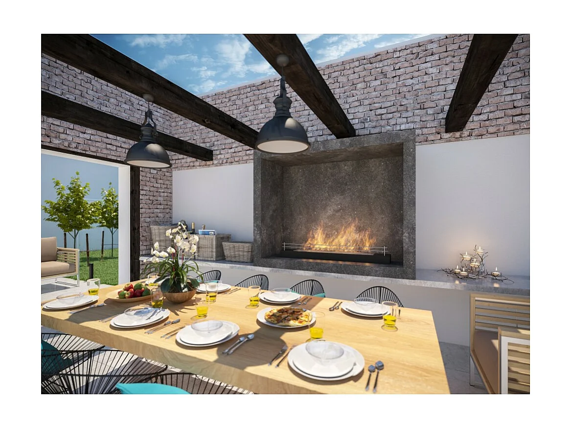 Brûleur au bioéthanol avec insert de plan de travail en inox noir mat 120cm avec grille