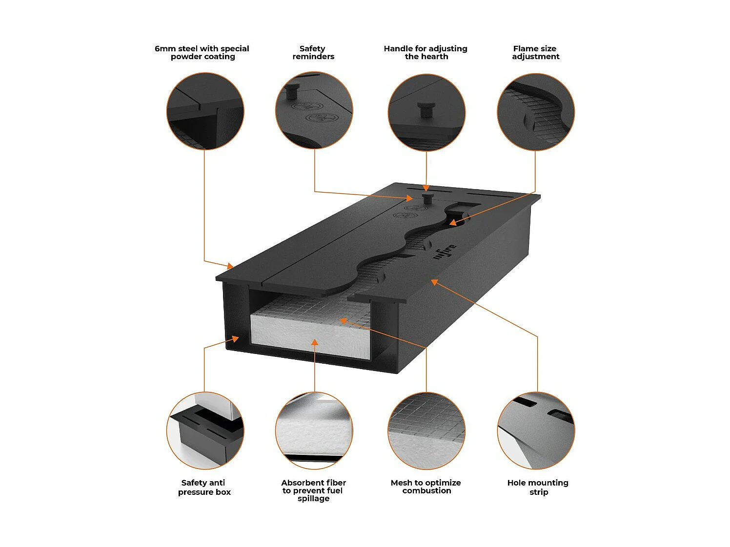 Brûleur à bioéthanol encastrable en acier inoxydable noir de 50 cm, 1 lt