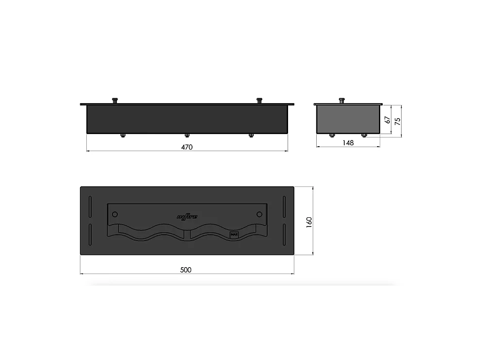Queimador de bioetanol preto embutido de 50 cm em aço inoxidável, 1 lt