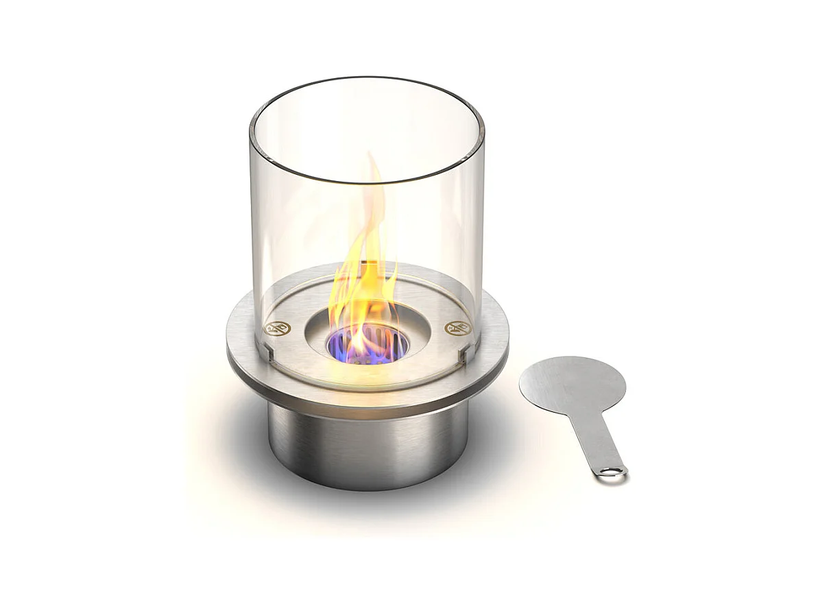 Brûleur rond avec verre pour cheminée au bioéthanol, biocheminée en acier inoxydable 1,5 lt d.25