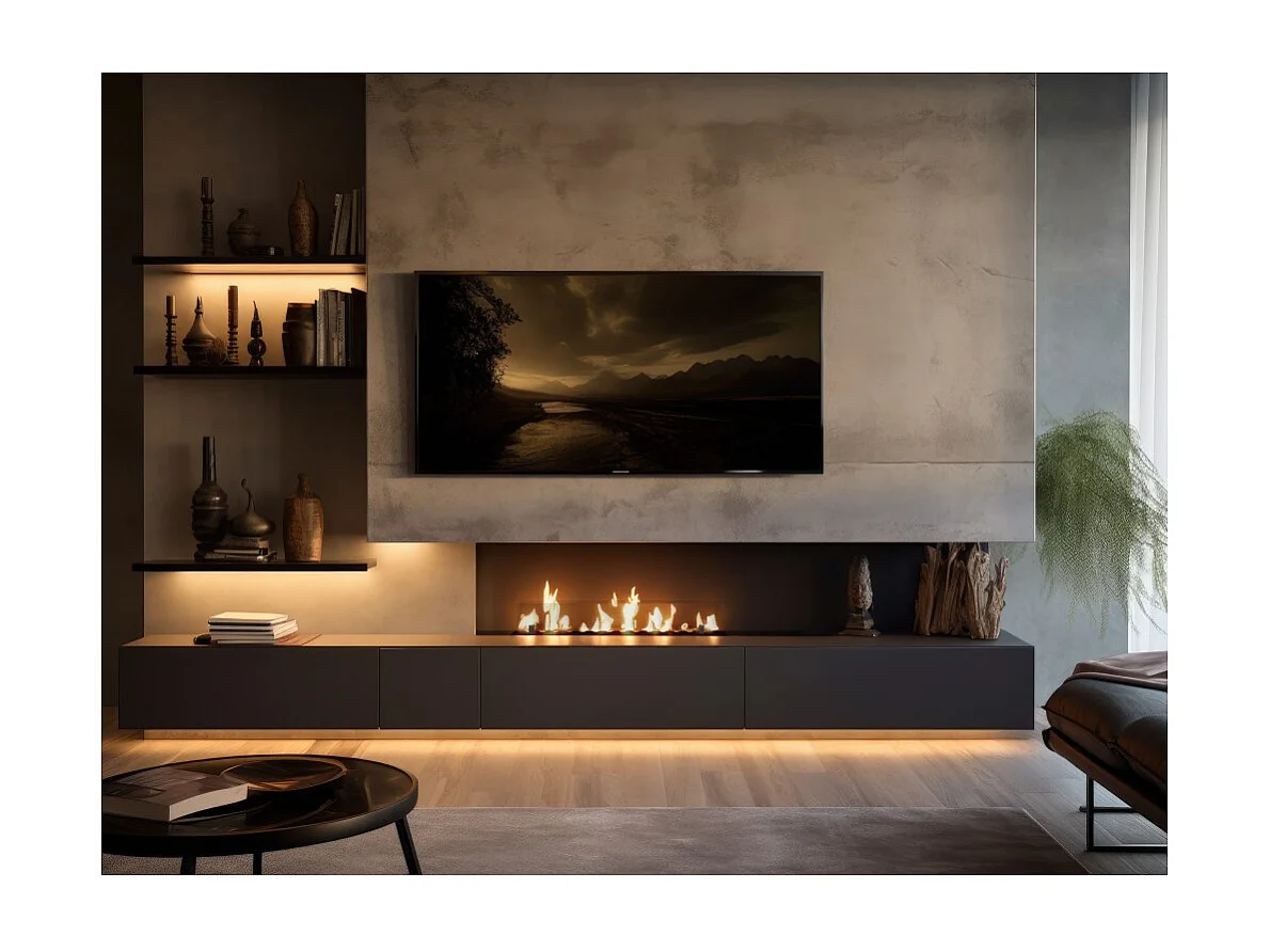 Brûleur insert bioéthanol 100cm en inox noir, à encastrer ou à poser, 3 litres avec verres inclus