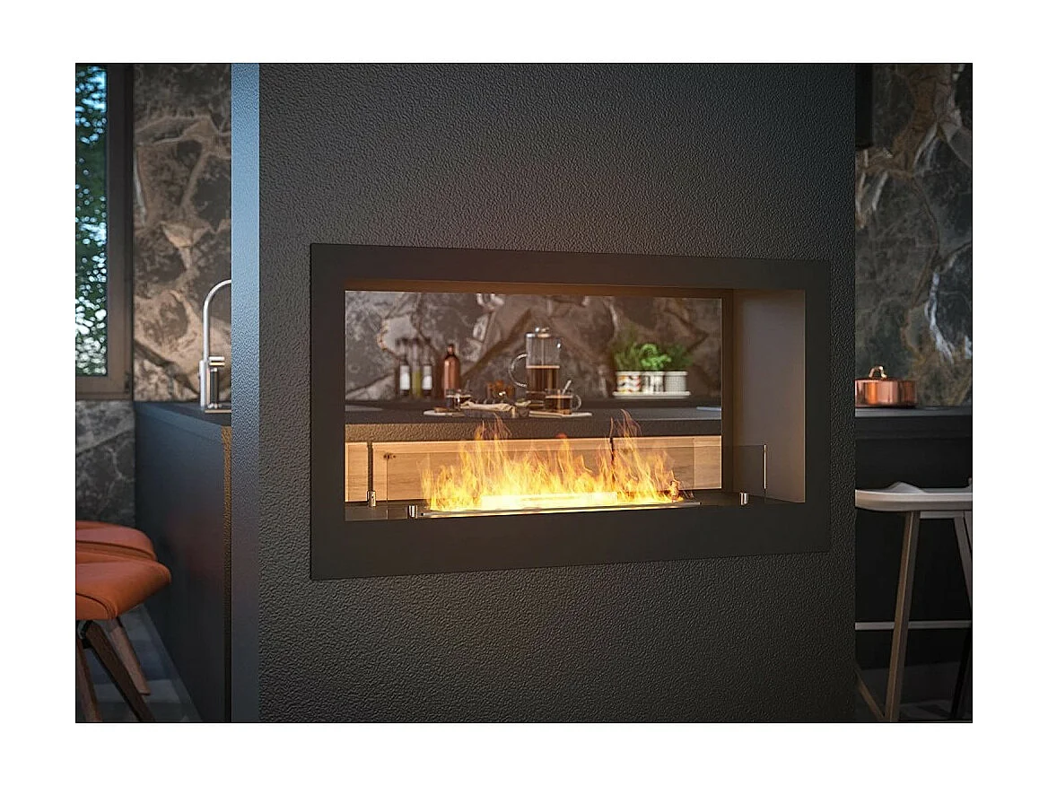 Design-Einbau-Bioethanol-Wandkamin Doppelseitig mattschwarz mit Schutzglas 2 Seite 900